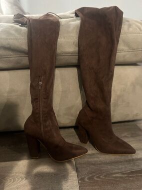 Miss Lola Brown Over-the-Knee Suede Block Heel Boots